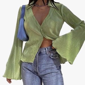 Women's Deep V Neck Button Front Bell Long Sleeve Blouse